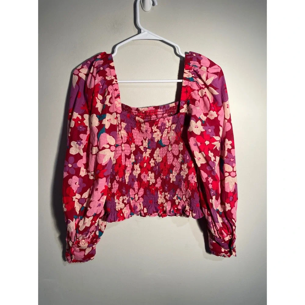 Free People Ariana‎ Printed Top Pink Size XS Feminine Floral Puff Sleeve Smocked